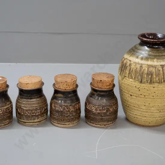 New Zealand studio pottery: vase marked Forster and 4 cork-stoppered spice containers, 2 marked Janet Wright
