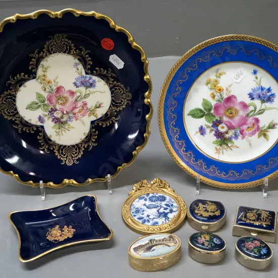 assorted Limoges and other miniature items and a German floral plate with gilt rim D-200