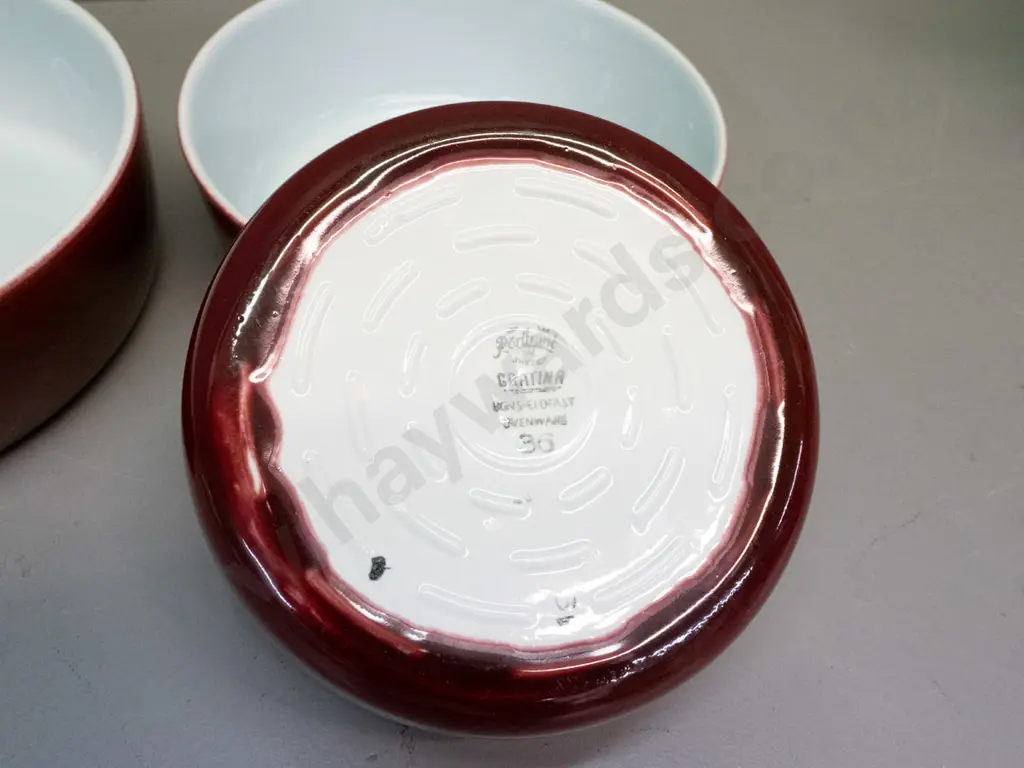 3x vintage mid-century modern Rörstrand Gratina ovenware, brick-red outer glaze & blue-white interior. Largest D-215 Image 1++