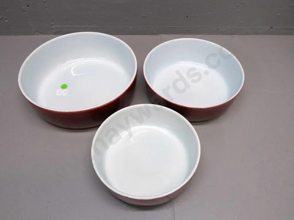3x vintage mid-century modern Rörstrand Gratina ovenware, brick-red outer glaze & blue-white interior. Largest D-215 Image 1++