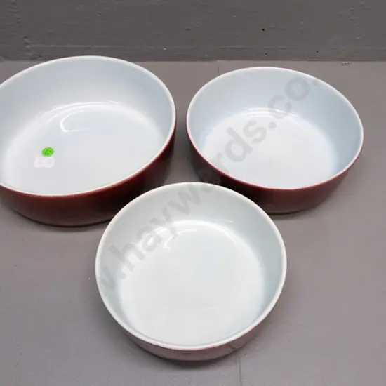 3x vintage mid-century modern Rörstrand Gratina ovenware, brick-red outer glaze & blue-white interior. Largest D-215