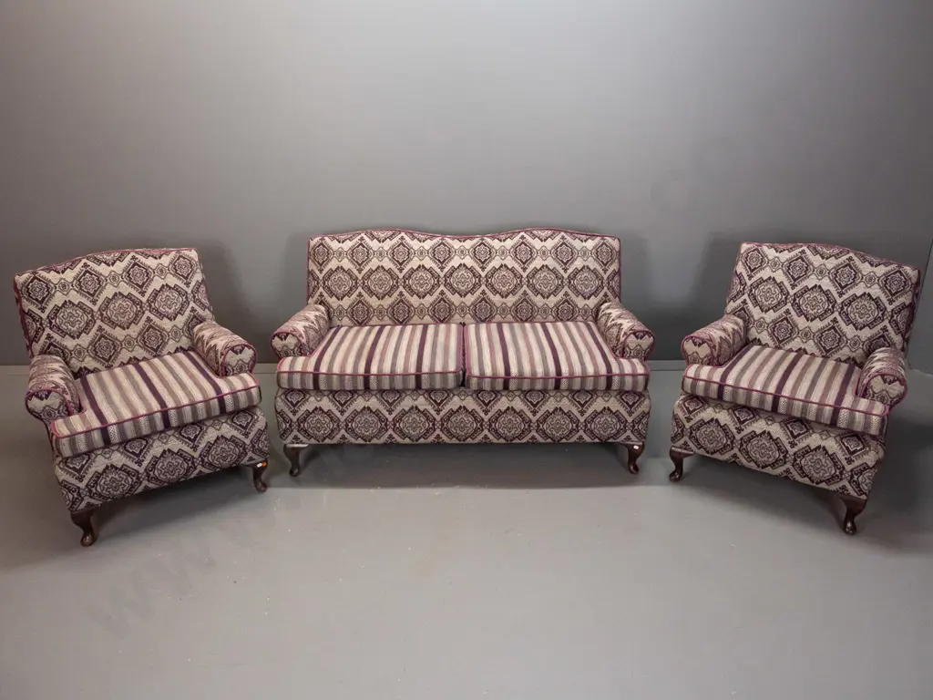 vintage 3-piece rolled arm lounge suite with 2-seater and 2 armchairs, uphosltered in mixed pattern stripe and geometric Image 1++