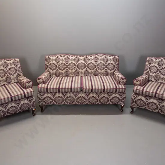 vintage 3-piece rolled arm lounge suite with 2-seater and 2 armchairs, uphosltered in mixed pattern stripe and geometric