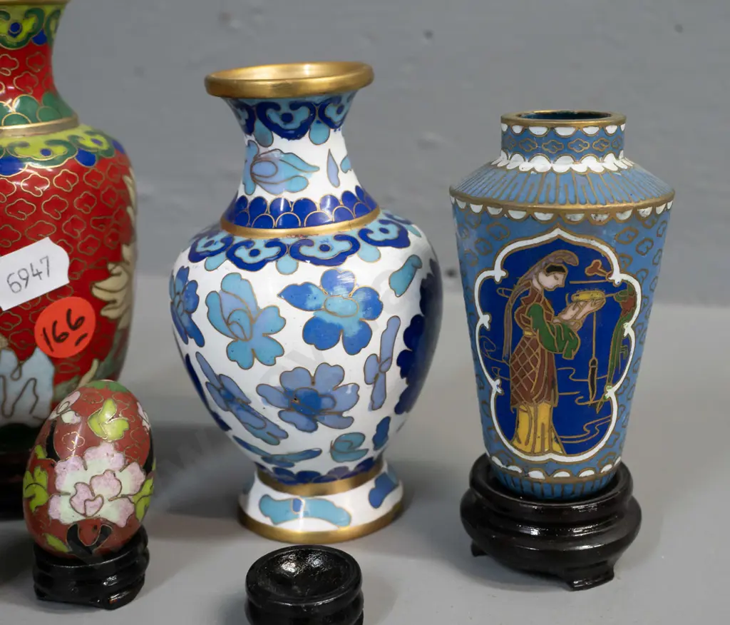 6 assorted small Chinese cloisonne vases, 4 with stands, and 2 miniature eggs on stands. Largest vase H-110. Image 1++