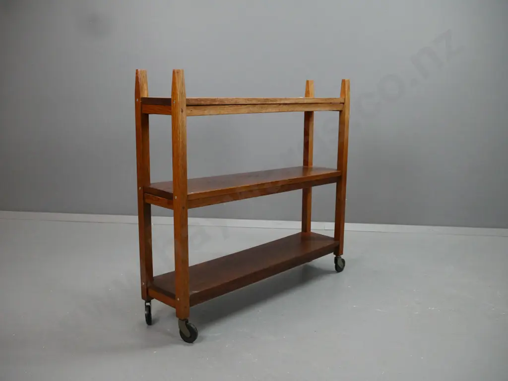 3-tier open shelf on large wheel casters, reconstructed from vintage oak furniture, modern fittings & some filled holes. Image 1++