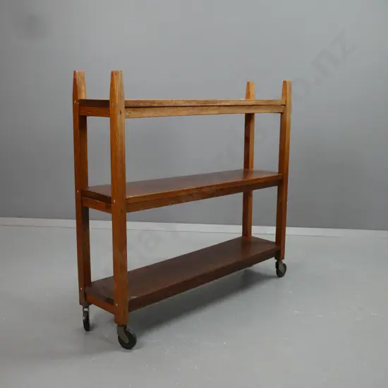 3-tier open shelf on large wheel casters, reconstructed from vintage oak furniture, modern fittings & some filled holes.