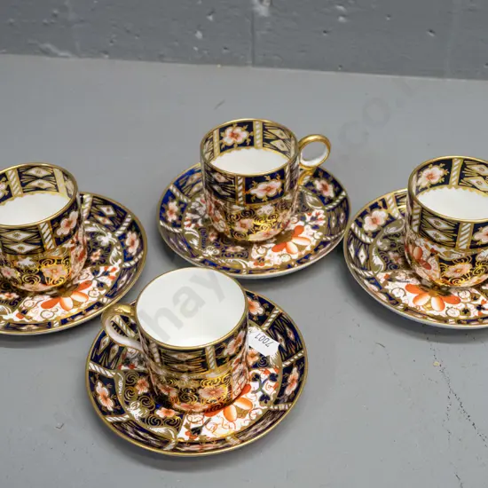 4 Royal Crown Derby imari pattern coffee cups & saucers - 3 are matching shape with rounded base profile to cups and