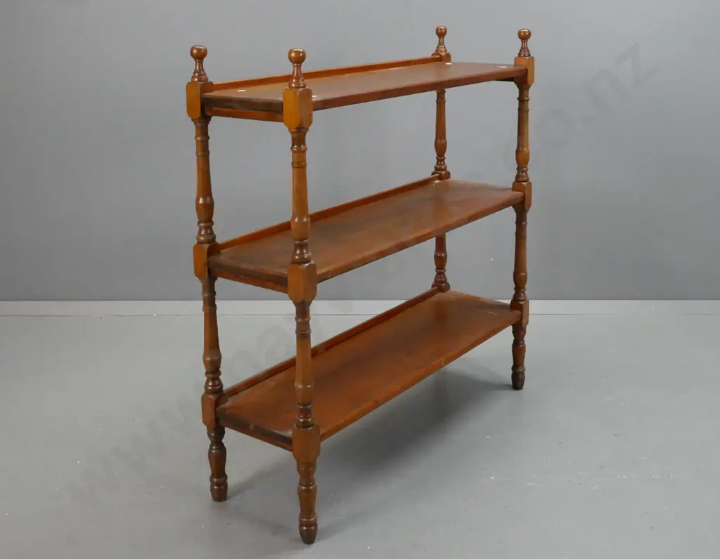 colonial kauri 3-tier dumb waiter on turned supports and legs, turned finials - some staining & marks H-990 W-930 D-290 Image 1++