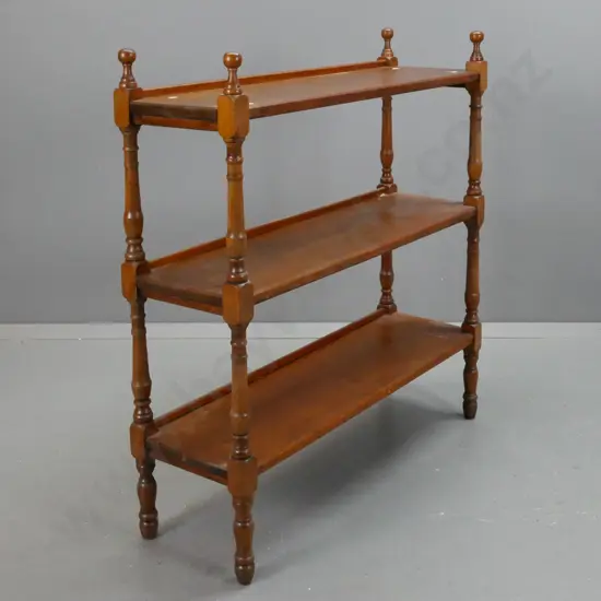colonial kauri 3-tier dumb waiter on turned supports and legs, turned finials - some staining & marks H-990 W-930 D-290