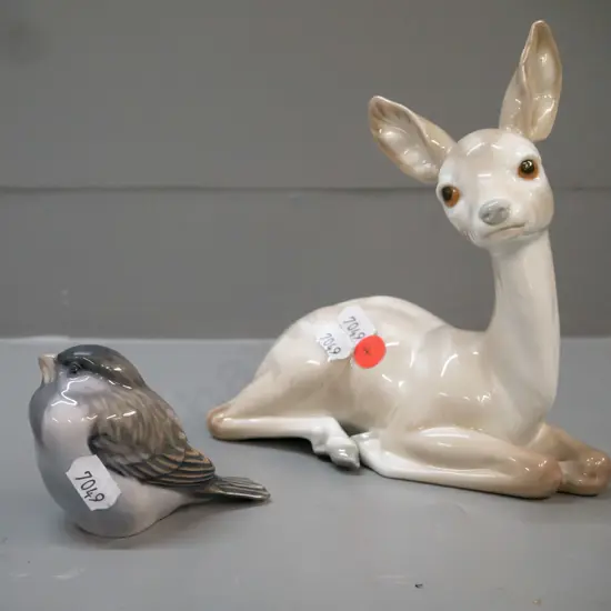 Llladro seated deer figurine & Royal Copenhagen sparrow figurine. Deer H-170 L-170