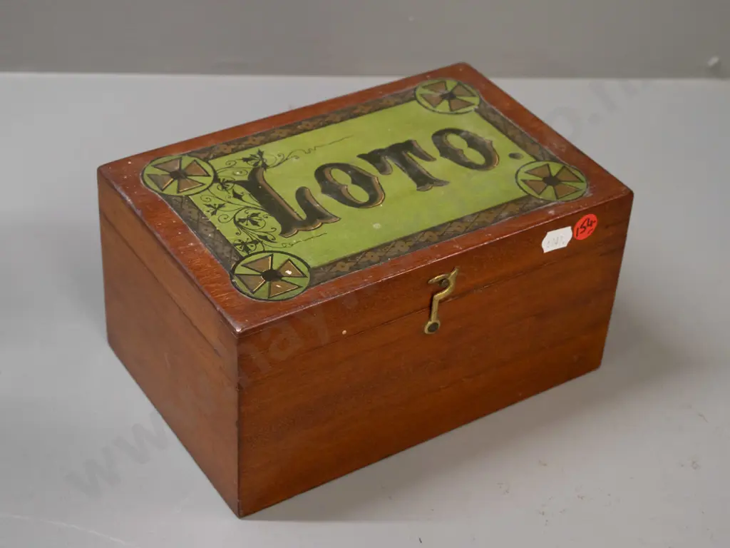 vintage Loto game set in mahogany hinged-lid box with cards and markers H-110 W-210 D-140 Image 1++