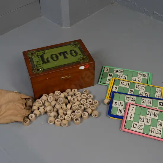 vintage Loto game set in mahogany hinged-lid box with cards and markers H-110 W-210 D-140