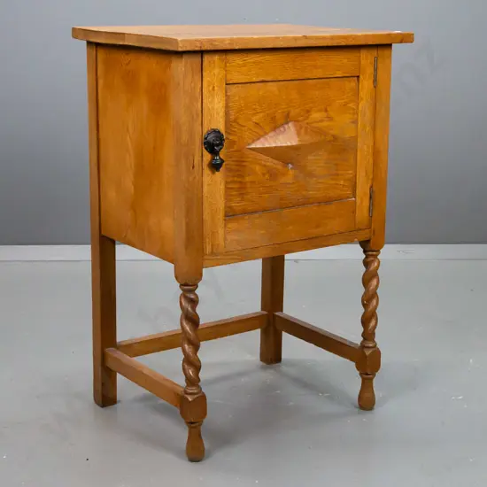vintage oak bedside / pot cupboard with panelled door, inner shelf, applied diamond shaped decoration, Jacobean twist