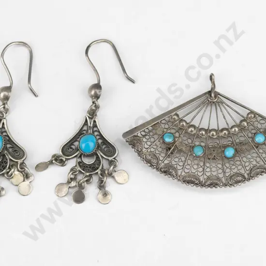 filagree turquoise necklace/brooch & earrings