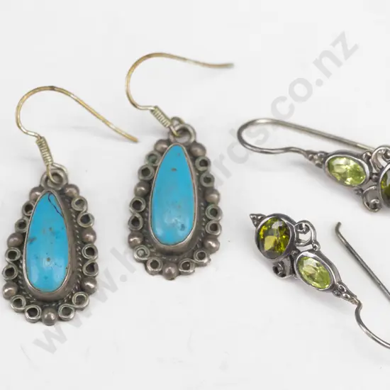 pair of peridot earrings & pair of turquoise earrings both stamped