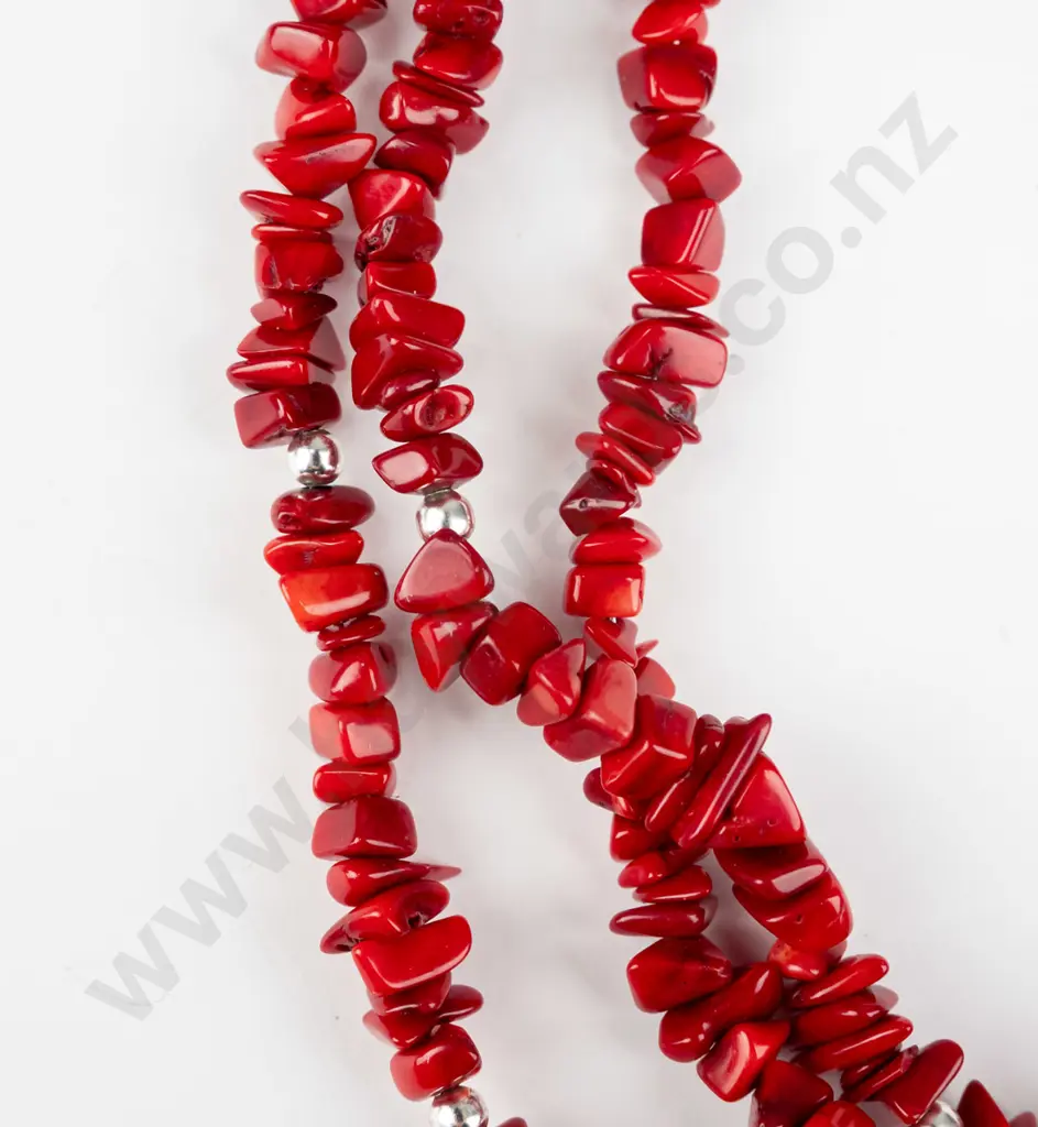 coral & silver bead necklace - stamped 925 - 74g Image 1++