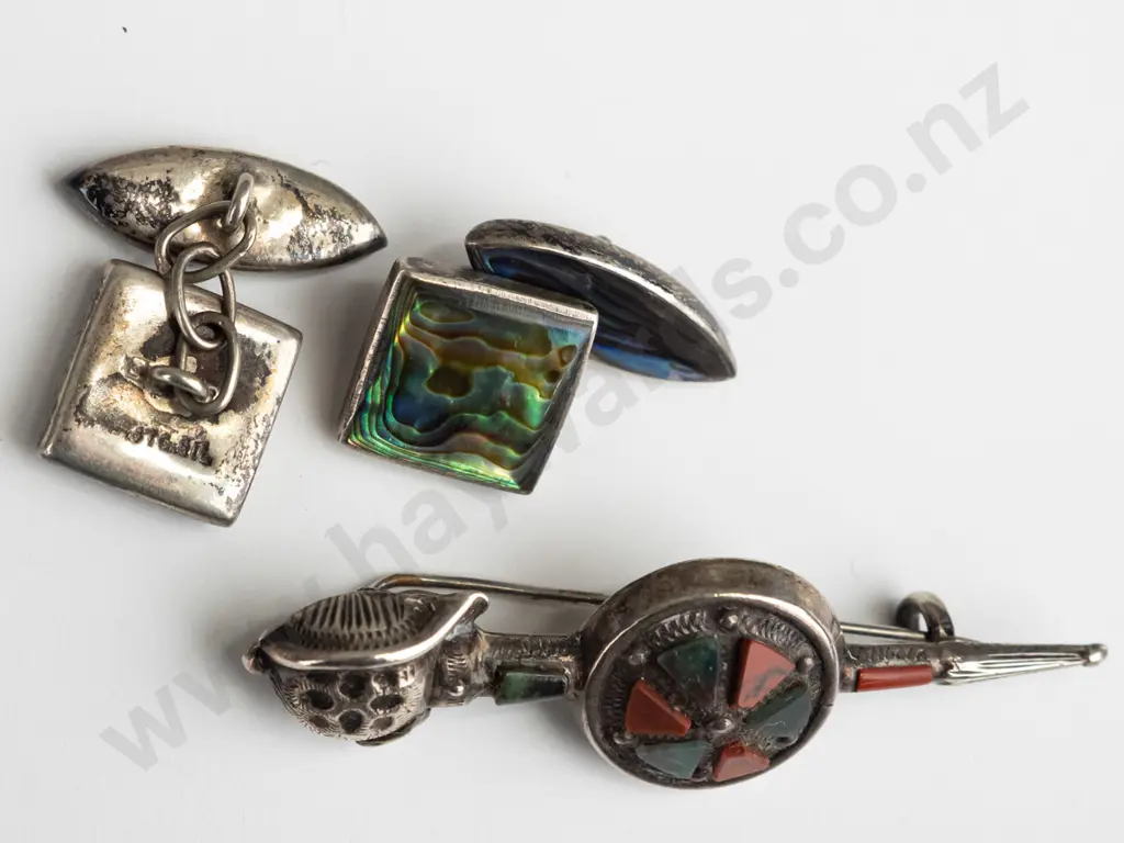 silver brooch & pair of paua shell cufflinks both stamped stg sil Image 1++