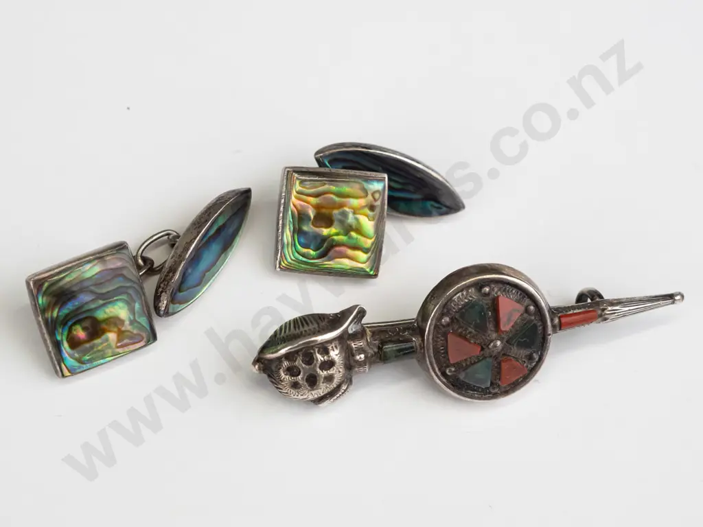 silver brooch & pair of paua shell cufflinks both stamped stg sil Image 1++