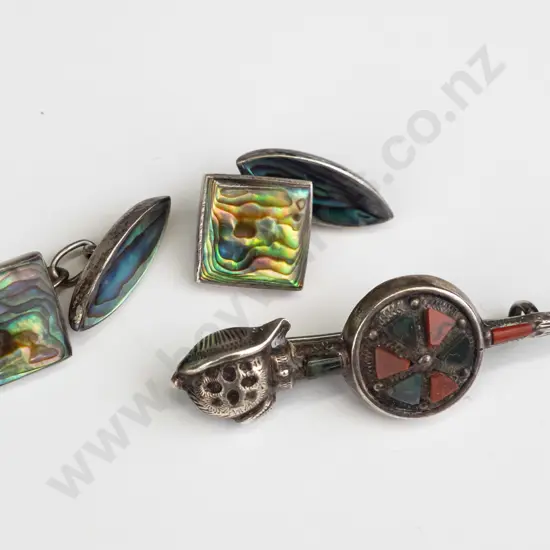 silver brooch & pair of paua shell cufflinks both stamped stg sil