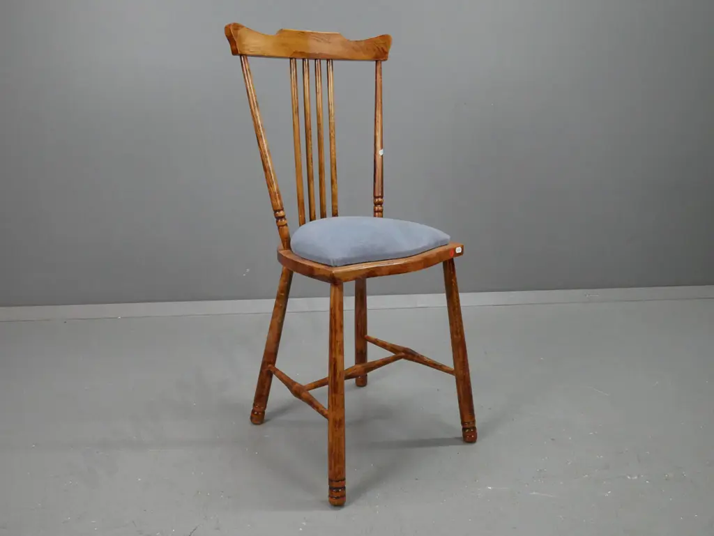 vintage beech fan-back bedroom chair w/turned legs & stretcher base, blue upholstered seat - loose back leg H-870 W-340 Image 1++