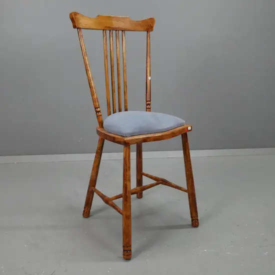 vintage beech fan-back bedroom chair w/turned legs & stretcher base, blue upholstered seat - loose back leg H-870 W-340