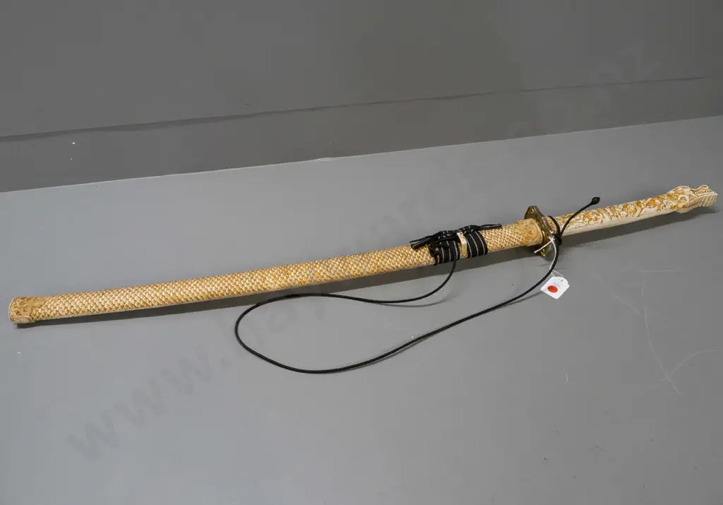 reproduction Japanese sword with composite faux-ivory handle and fish-scale pattern scabbard, brass plated hilt  - some Image 1++