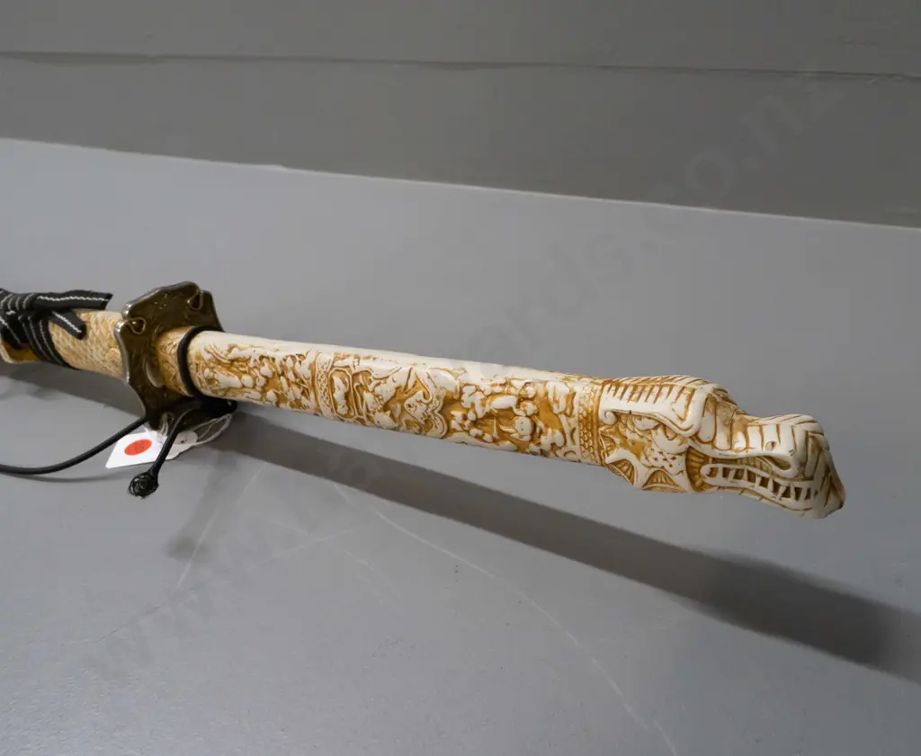 reproduction Japanese sword with composite faux-ivory handle and fish-scale pattern scabbard, brass plated hilt  - some Image 1++