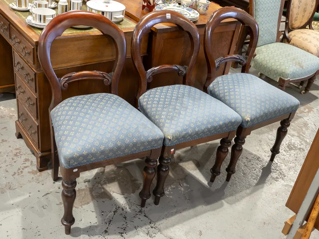 3x mahogany Victorian turned leg balloon back chairs with blue and yellow upholstery Image 1++