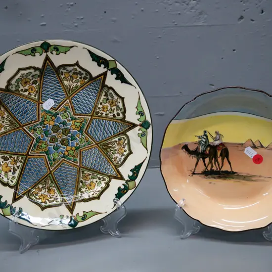 2x Royal Doulton items: 'Desert Scenes' bowl; Persian-style geometric/floral pattern plate. Plate D-265.