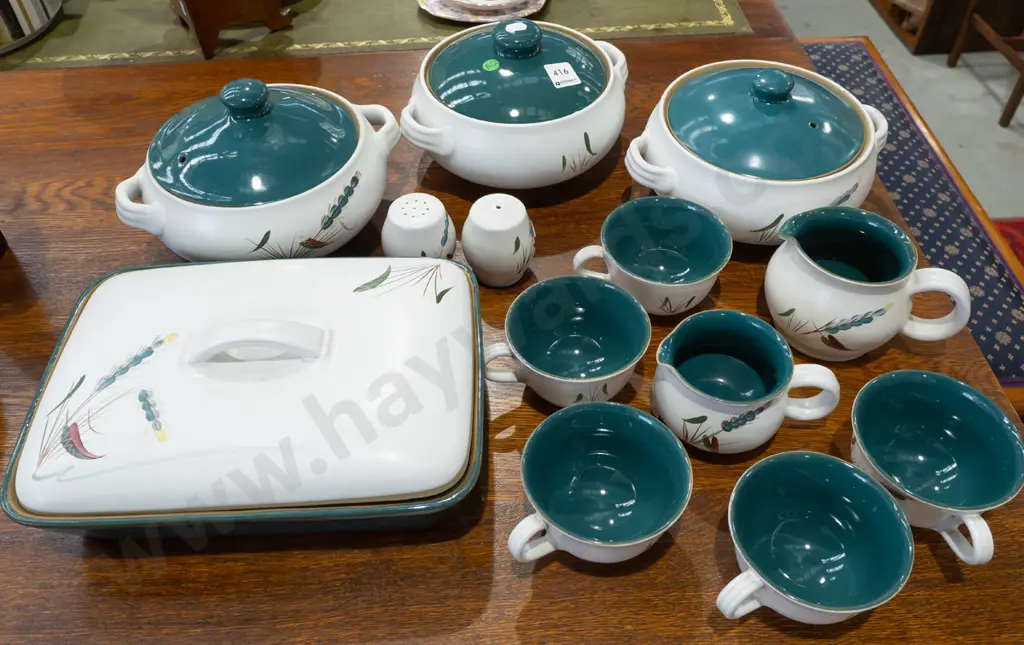 Assorted Denby Greenwheat table ware - 5 lidded tureens, only 3 lids, rectangular casserole, 2 jugs, 5 cups, salt & Image 1++