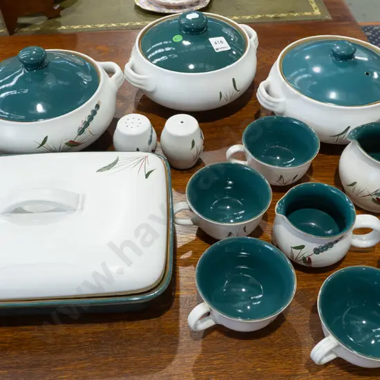 Assorted Denby Greenwheat table ware - 5 lidded tureens, only 3 lids, rectangular casserole, 2 jugs, 5 cups, salt &