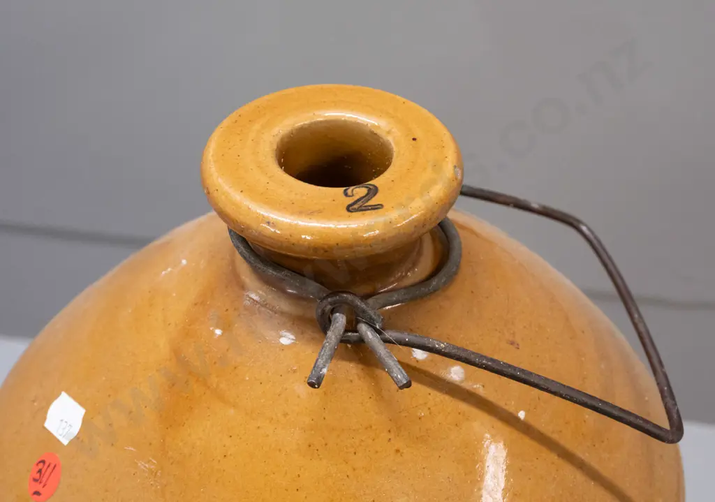 large narrow mouth crock with wire handle, marked '2' - no maker's marks H-420 D-220 Image 1++