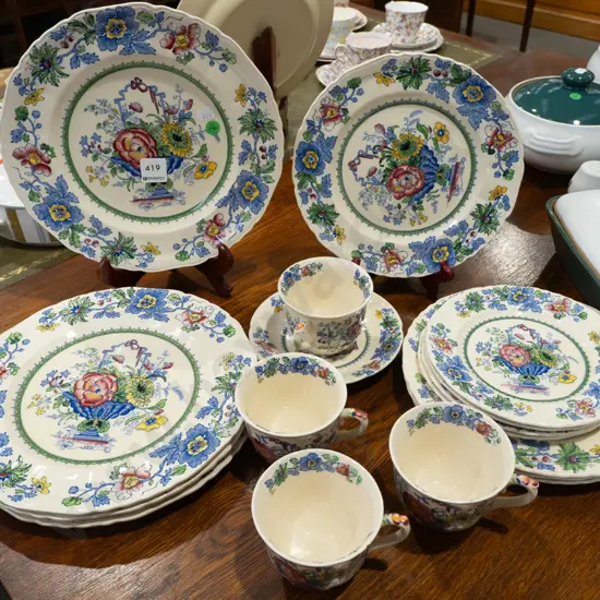 assorted vintage Mason's ironstone "Strathmore" pattern table ware - 4 dinner plates, 4 medium, 4 sides, 4 cups and 1