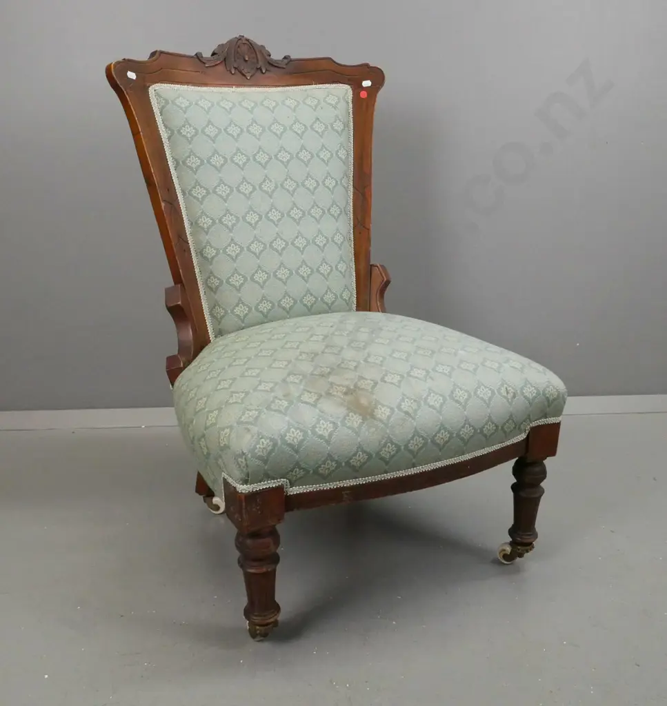 Victorian walnut and beech lady's chair with turned and fluted front legs, white porcelain and brass casters - staining Image 1++