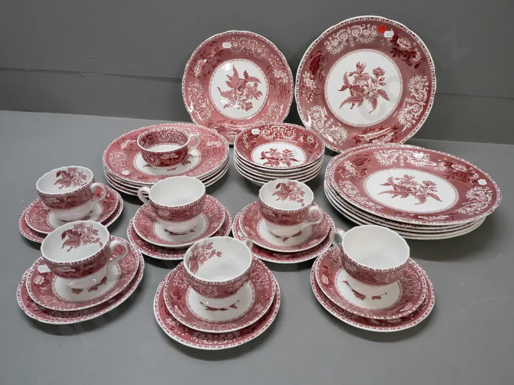 Spode "Pink Camellia" pattern dinnerware, 6 places: dinner D-260 & side plates, bowls, trios, plus a spare cup Image 1++