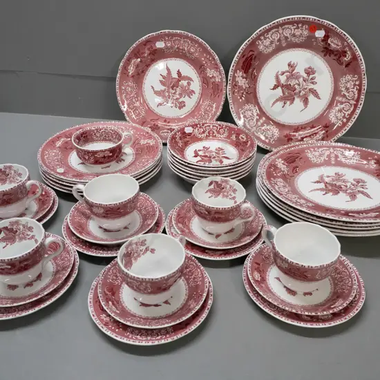 Spode "Pink Camellia" pattern dinnerware, 6 places: dinner D-260 & side plates, bowls, trios, plus a spare cup