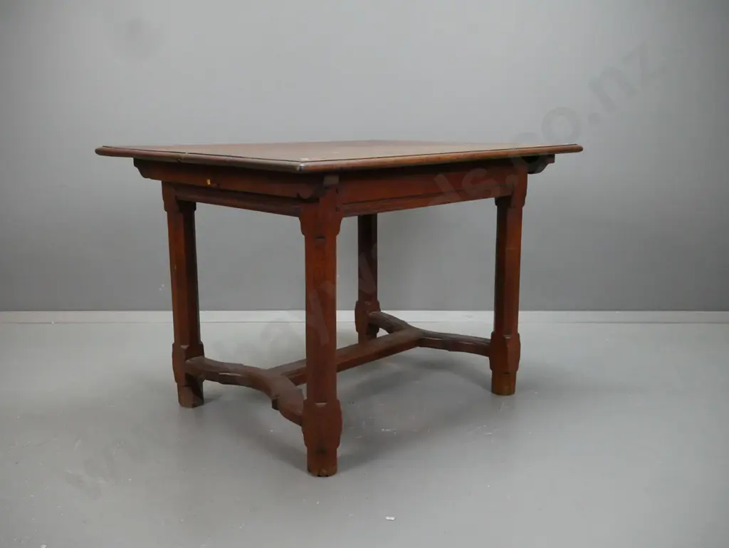 oak arts & crafts style table with faceted leg stretcher base, plank top held in place by timber pins - loose joins Image 1++