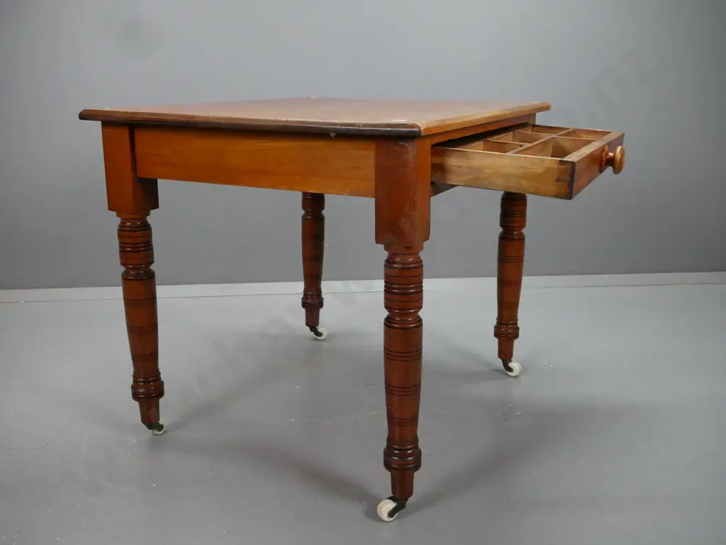 oak arts & crafts style table with faceted leg stretcher base, plank top held in place by timber pins - loose joins Image 1++