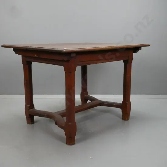 oak arts & crafts style table with faceted leg stretcher base, plank top held in place by timber pins - loose joins