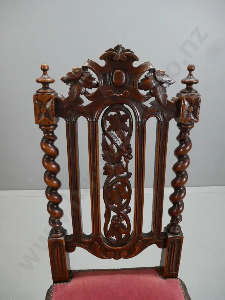 4 restorer's Victorian oak & elm Jacobean style dining chairs w/ open pierced carved backs with twist supports, turned Image 1++