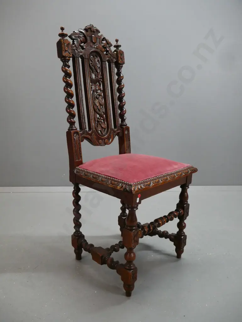 4 restorer's Victorian oak & elm Jacobean style dining chairs w/ open pierced carved backs with twist supports, turned Image 1++
