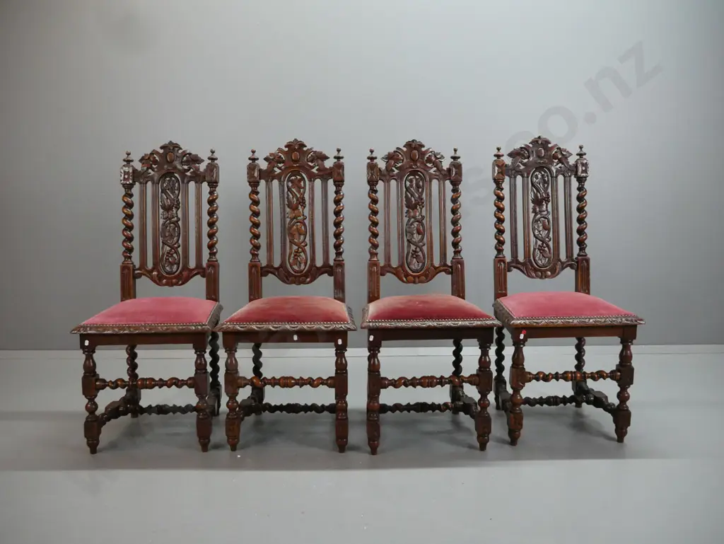 4 restorer's Victorian oak & elm Jacobean style dining chairs w/ open pierced carved backs with twist supports, turned Image 1++