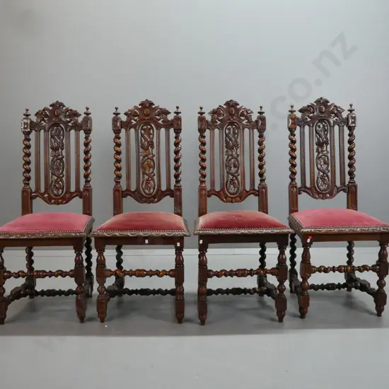 4 restorer's Victorian oak & elm Jacobean style dining chairs w/ open pierced carved backs with twist supports, turned