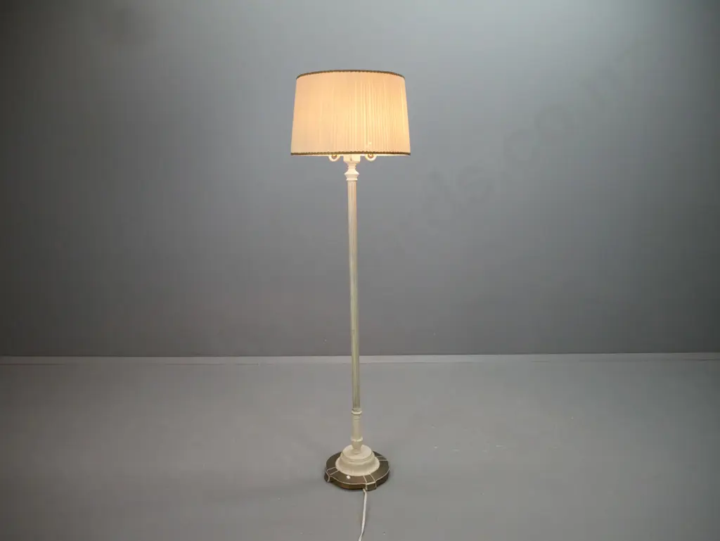 retro standard lamp with cast metal stepped base w/ 4 fluted feet, fluted column, 3-bulb fitting, pleated silk shade Image 1++