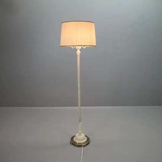 retro standard lamp with cast metal stepped base w/ 4 fluted feet, fluted column, 3-bulb fitting, pleated silk shade