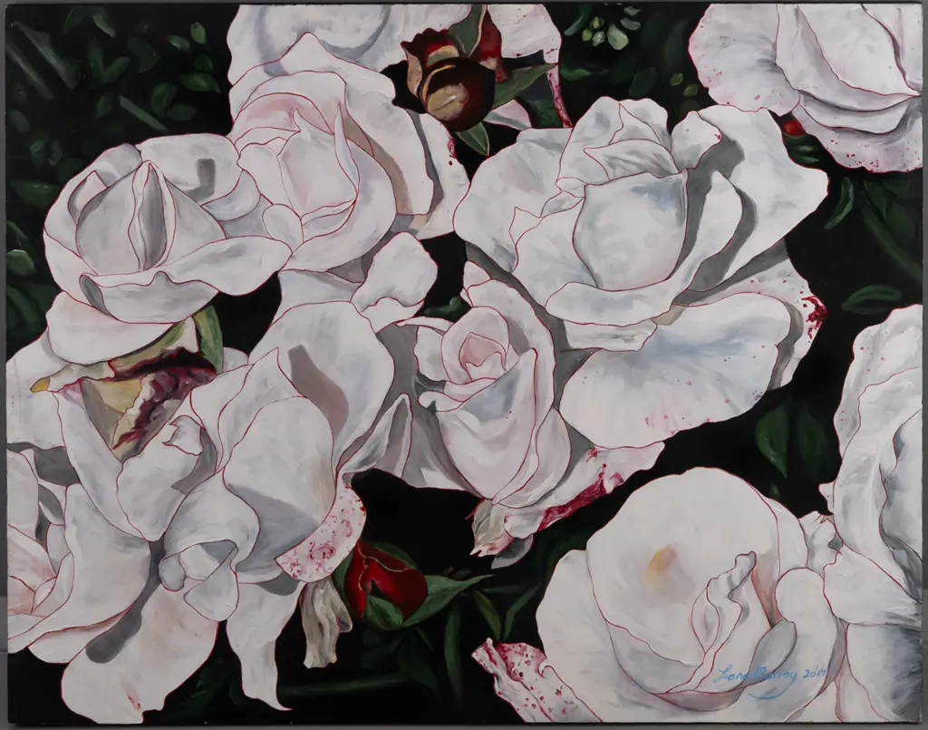 Liane Murray 2007 -- acrylic on boxed board "Roses from the Gardens Dunedin Perfect Imperfections II" H-665 W-825 Image 1++