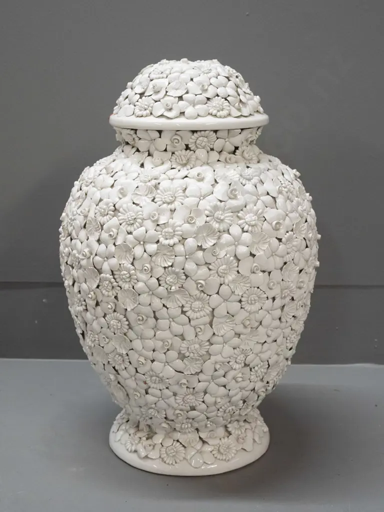 Italian porcelain bolster vase shaped lamp base marked A.Z. (Antonio Zen) Nove - encrusted in fine applied floral Image 1++