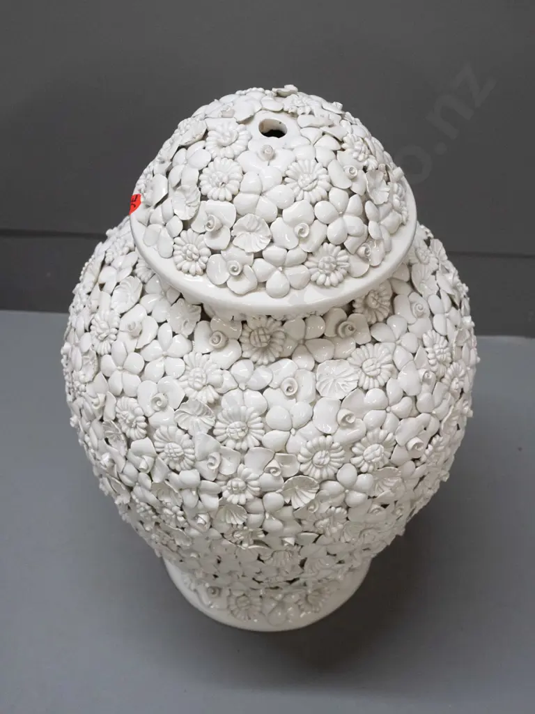 Italian porcelain bolster vase shaped lamp base marked A.Z. (Antonio Zen) Nove - encrusted in fine applied floral Image 1++