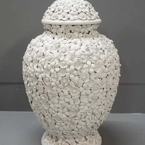 Italian porcelain bolster vase shaped lamp base marked A.Z. (Antonio Zen) Nove - encrusted in fine applied floral