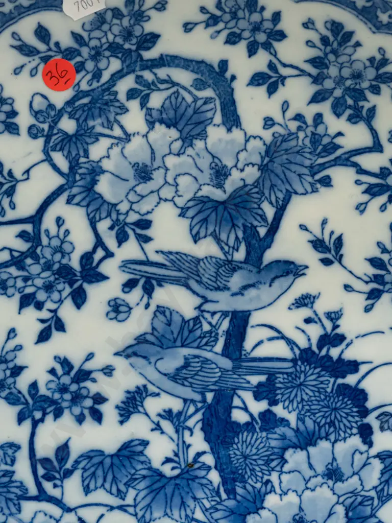 asian large blue and white charger with floral and bird decoration, scrolling motifs to underside H-50 D-370 Image 1++